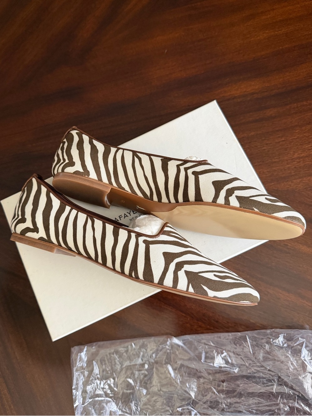 Lafayette 148 New York Zebra-Print Pointed Toe Flats in Brown & White